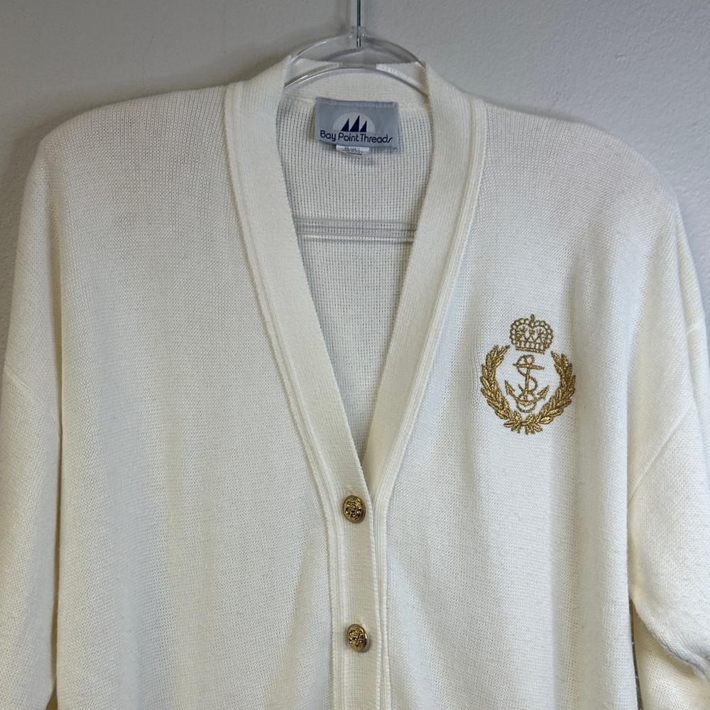 80s Vintage Bay Point Threads Knit Cardigan Gold Embroidered Nautical Crest M - Picture 4 of 7